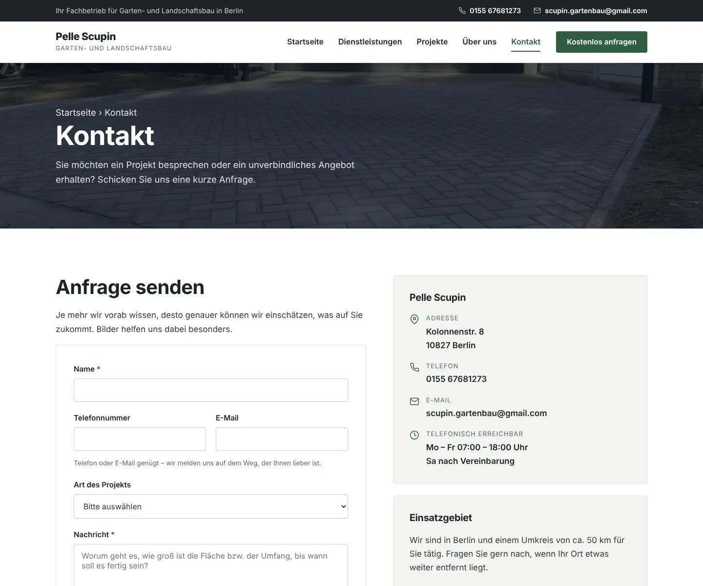 Seite „Kontakt" der Gartenbau-Website
