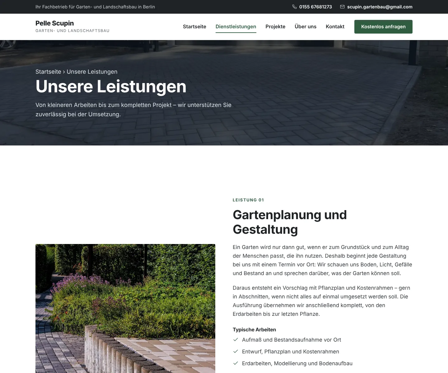 Seite „Leistungen" der Gartenbau-Website