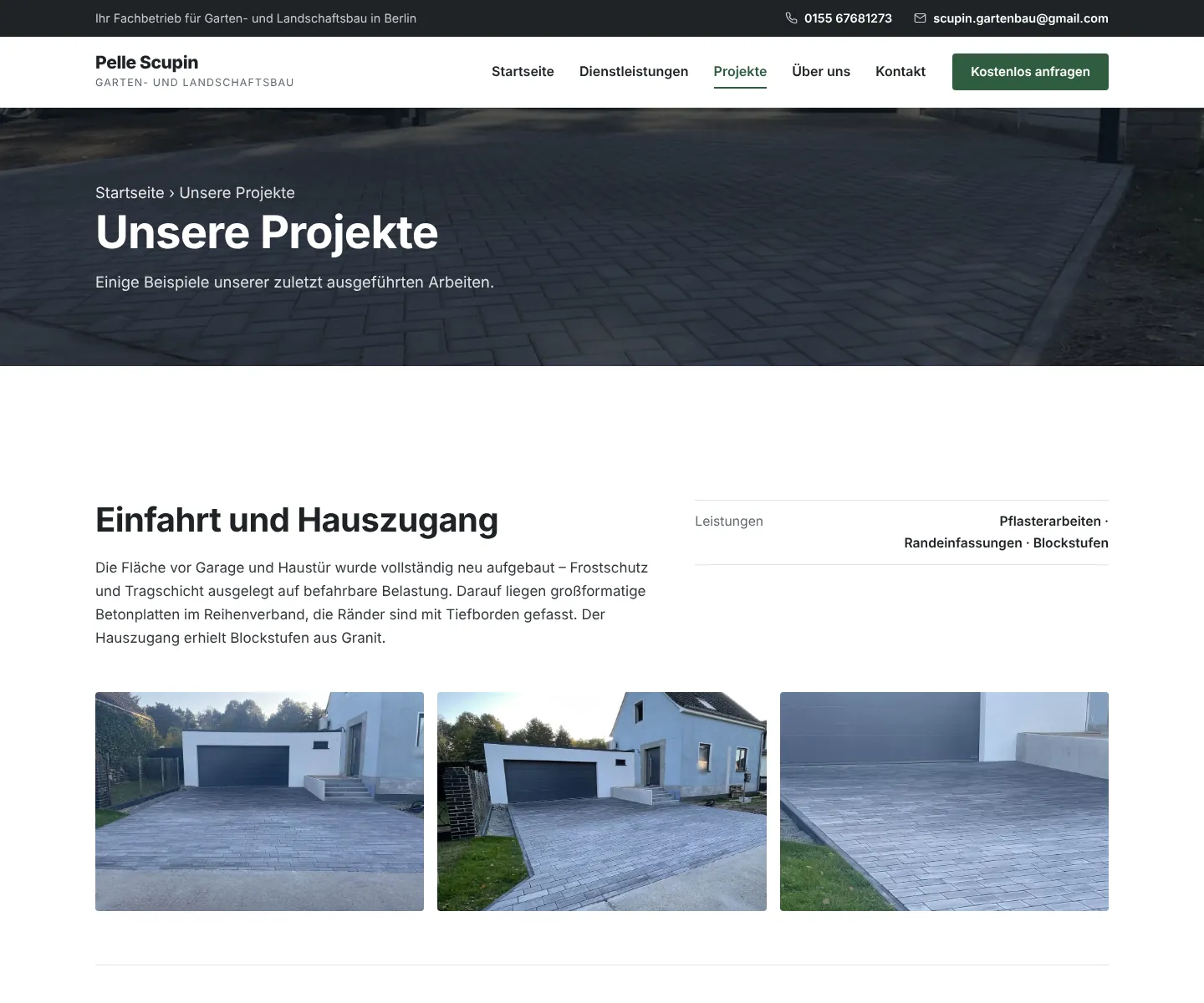 Seite „Projekte" der Gartenbau-Website